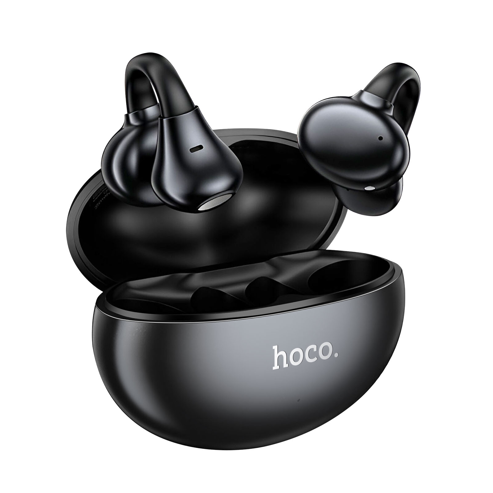 Auricolari wireless neri in una custodia di ricarica aperta con logo hoco.