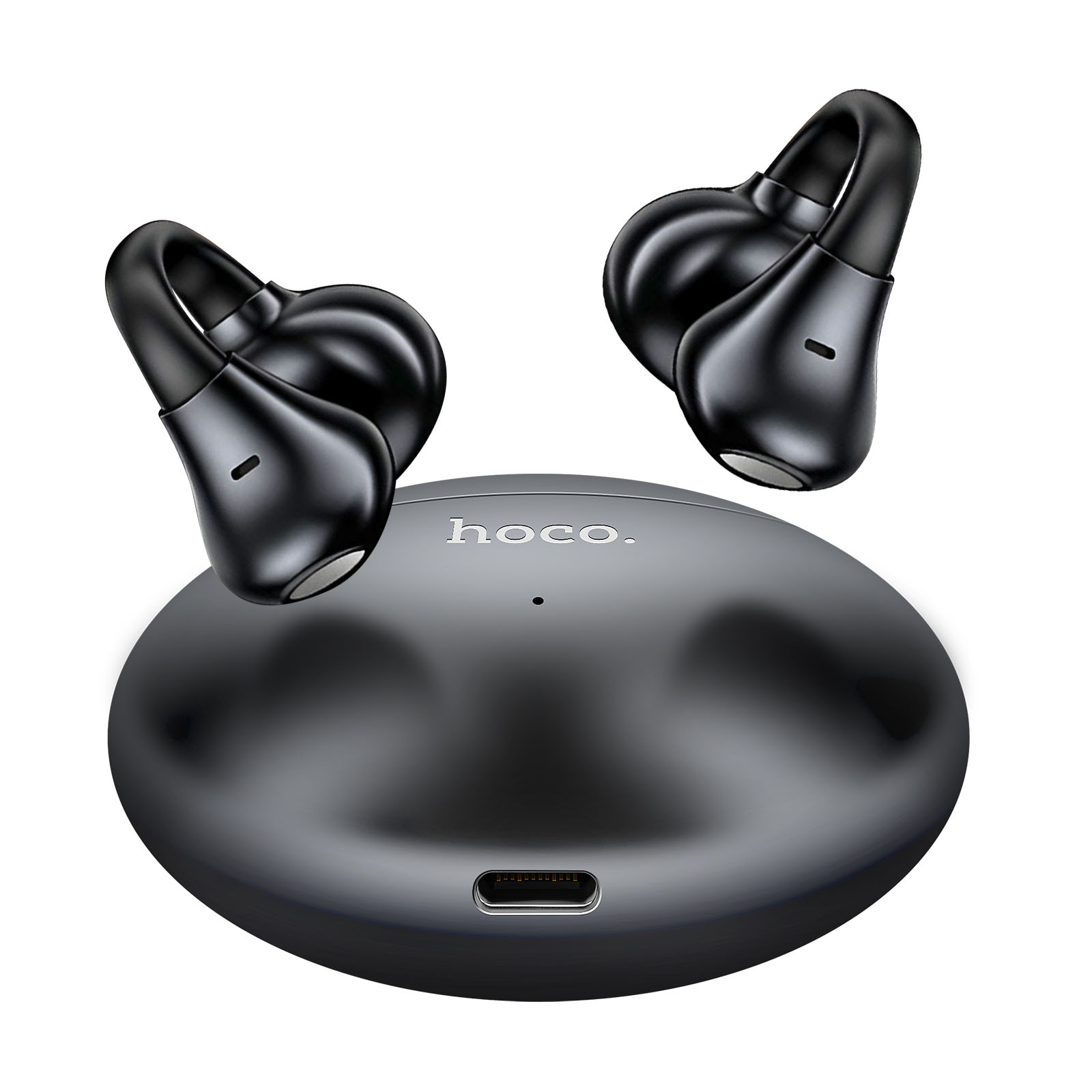 Auricolari wireless neri e custodia di ricarica, su sfondo bianco.