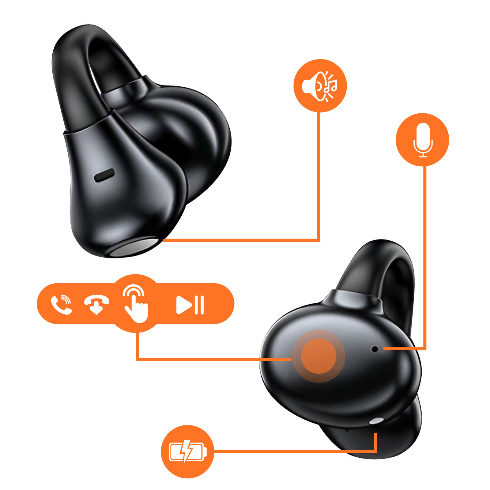 Auricolari neri con icone per chiamate, musica e batteria.