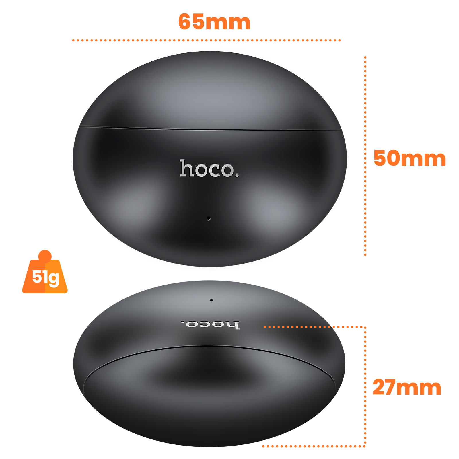 Custodia di ricarica nera con logo Hoco. Dimensioni: 65x50x27mm. Peso: 51g.