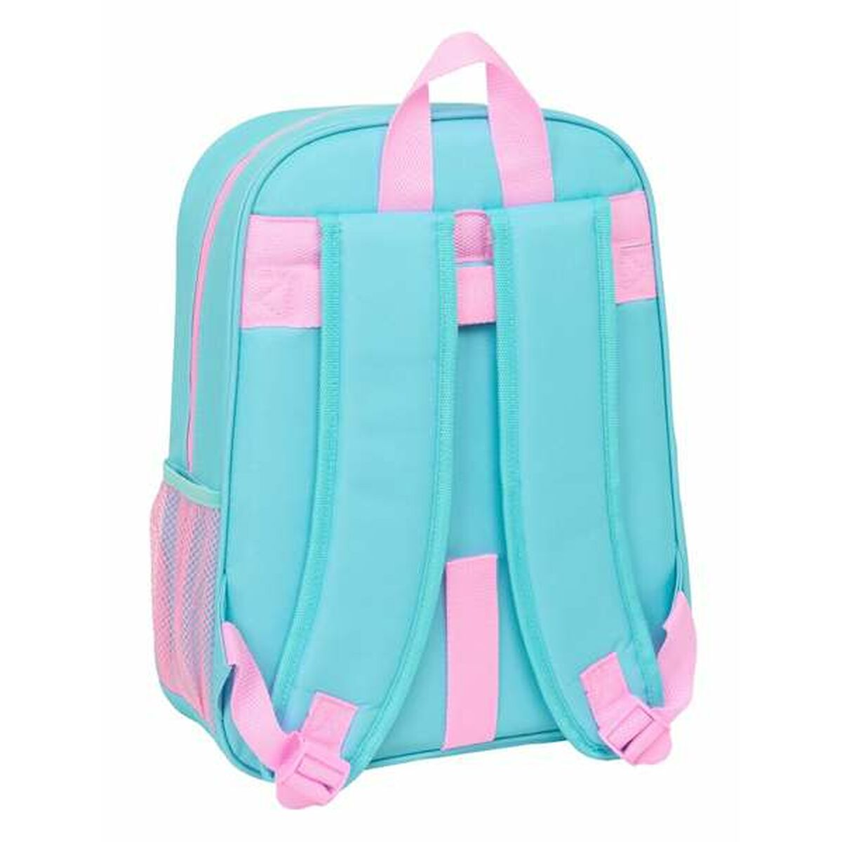 Ein türkisfarbener Rucksack mit rosa Trägern und Taschen.