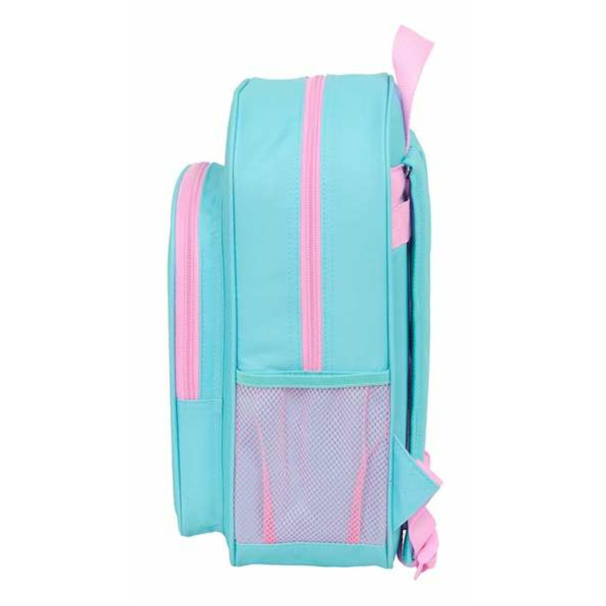 Hellblauer Rucksack mit pinken Reißverschlüssen und Netzfächern.