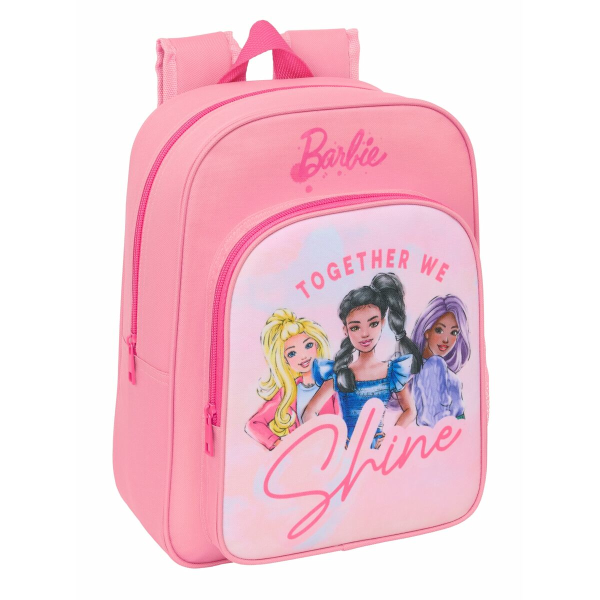 Ein pinker Barbie-Rucksack mit drei Barbies und dem Schriftzug „Together We Shine“.