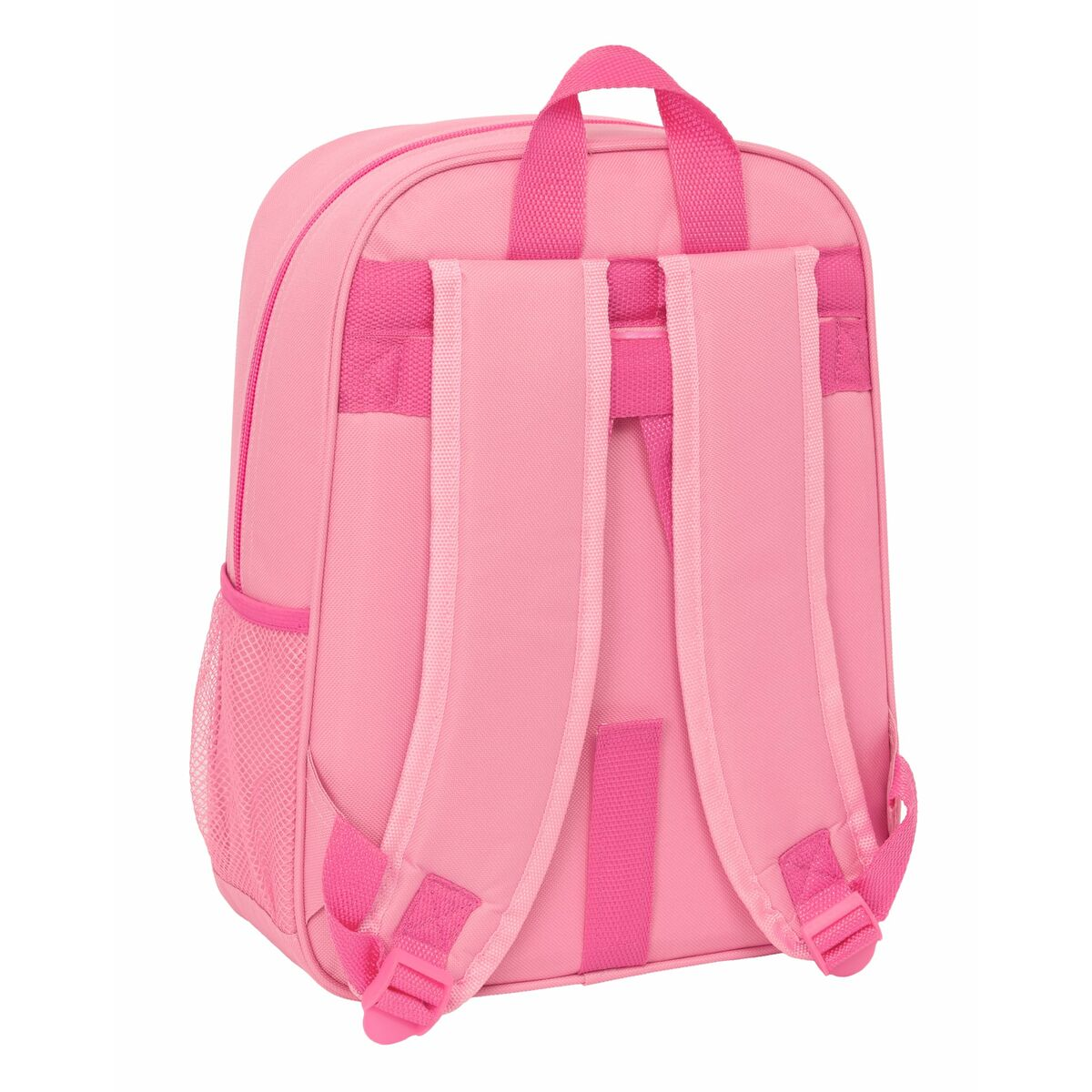 Ein rosa Rucksack mit verstellbaren Trägern und Netztaschen an den Seiten.
