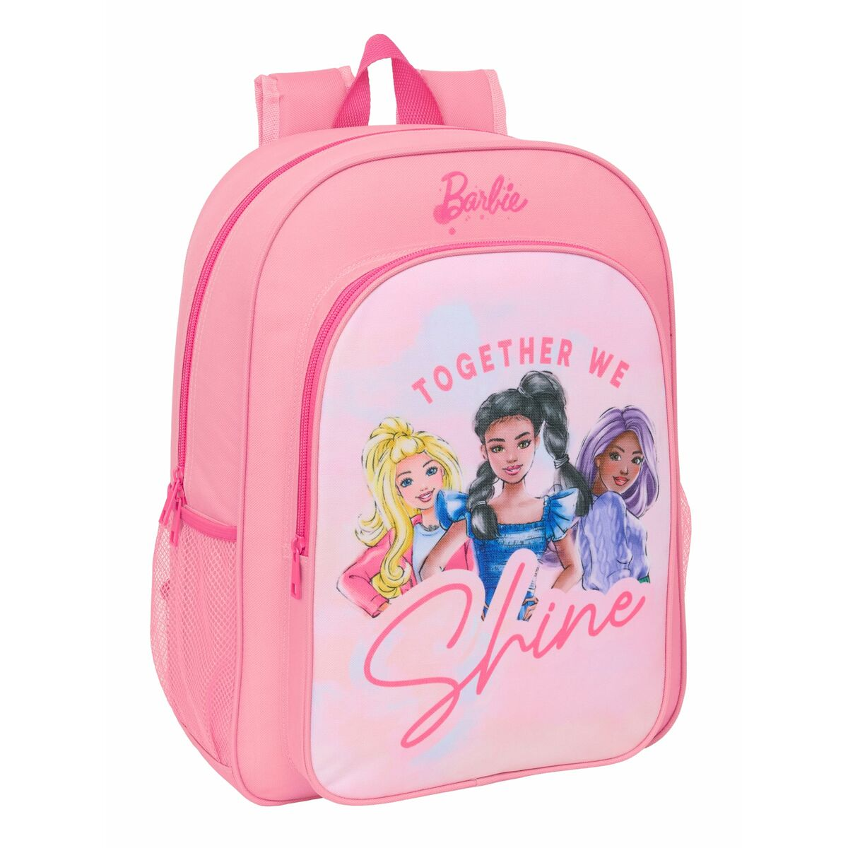 Ein rosa Rucksack mit Barbie und Freunden, die zusammen leuchten.