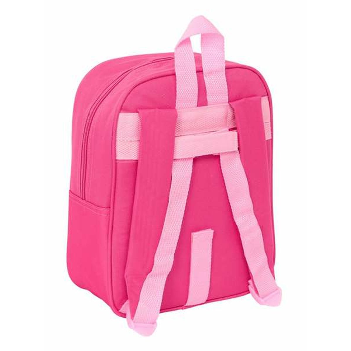 Ein pinker Rucksack mit hellrosa Trägern und Details auf weißem Hintergrund.