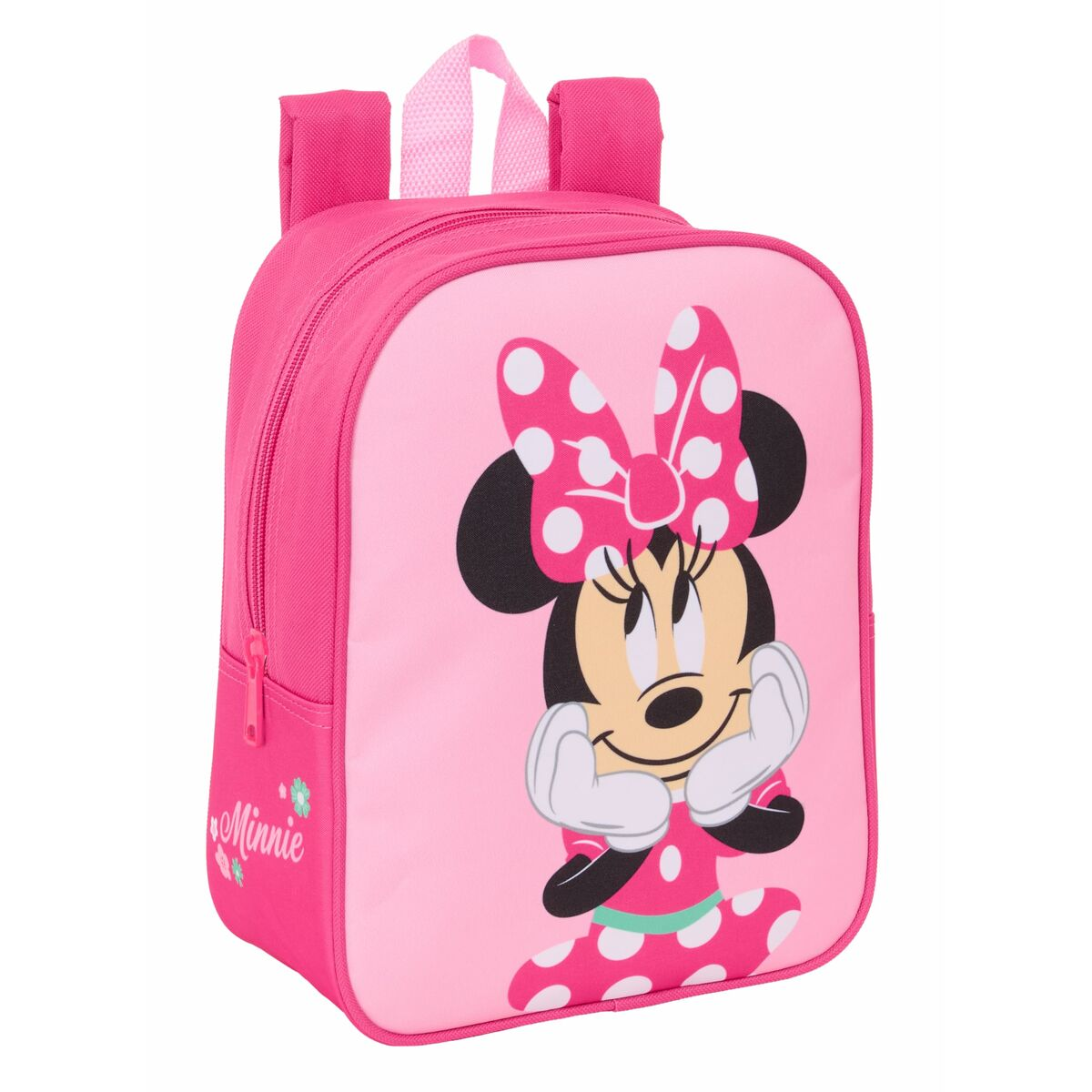 Ein pinker Rucksack mit Minnie Maus Motiv.