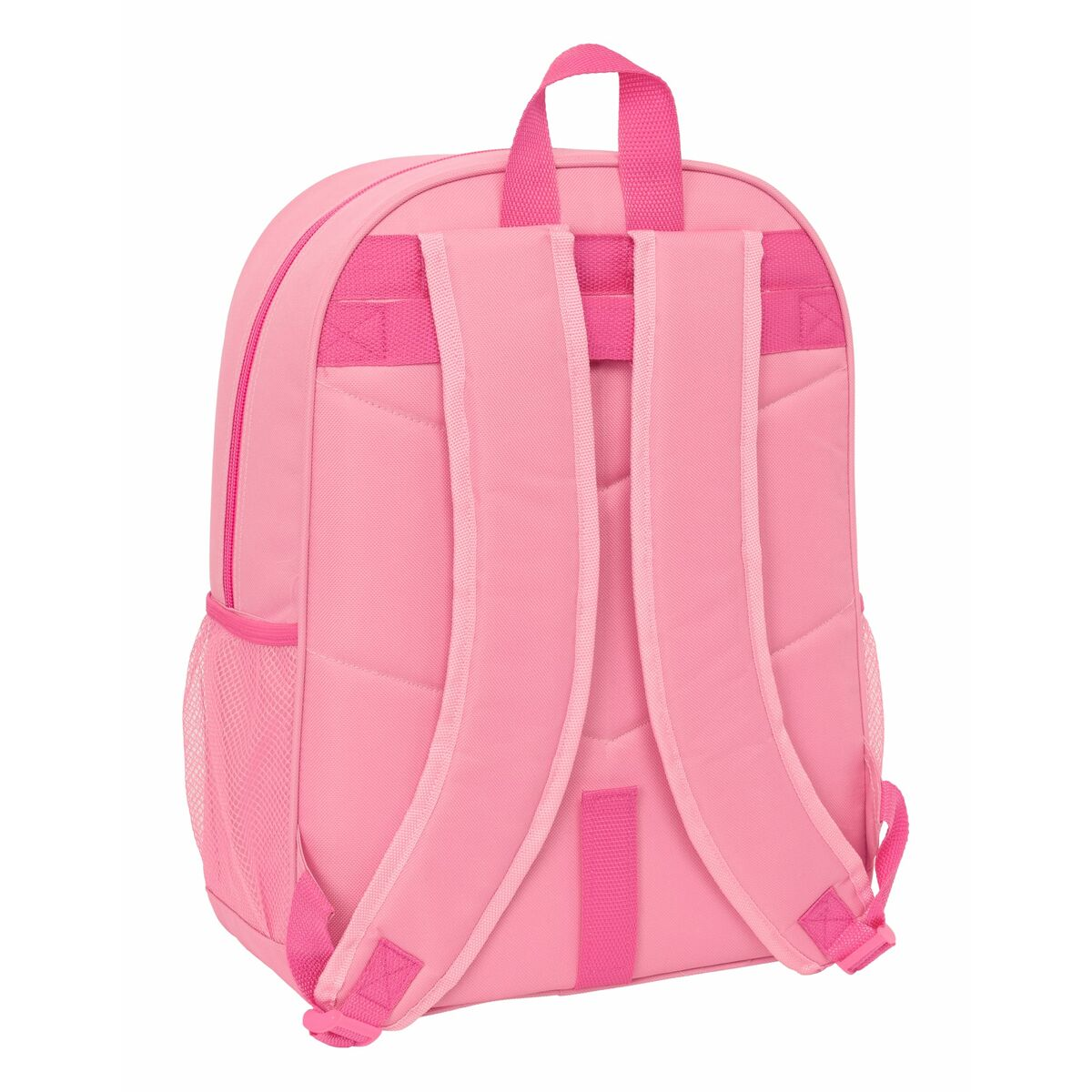Ein pinker Rucksack mit gepolsterten Trägern und einer Netzseitentasche.
