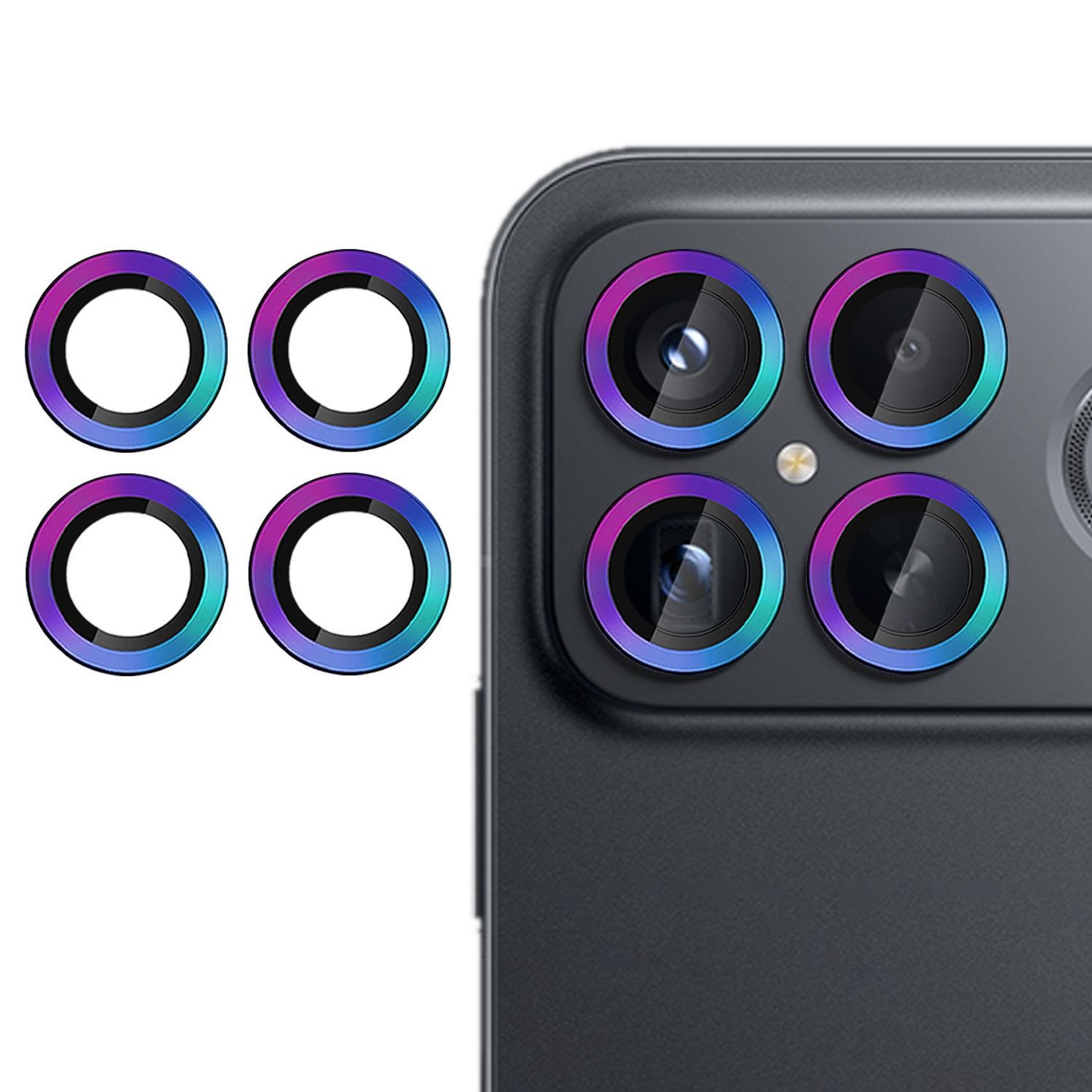 Quattro anelli colorati e una fotocamera del telefono con quattro lenti.