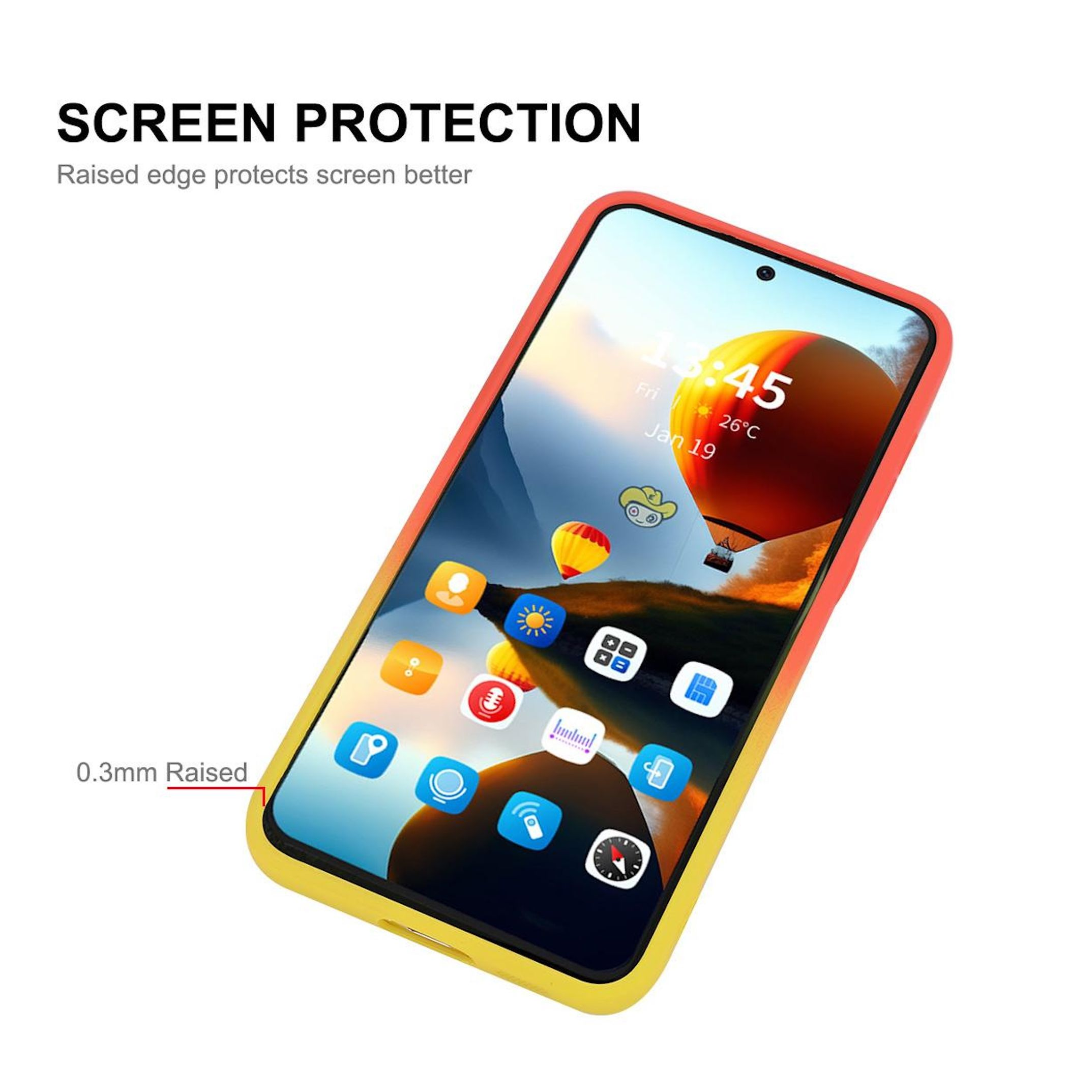 Ein Smartphone mit einem gelb-roten Schutzgehäuse, das den Bildschirm zeigt.