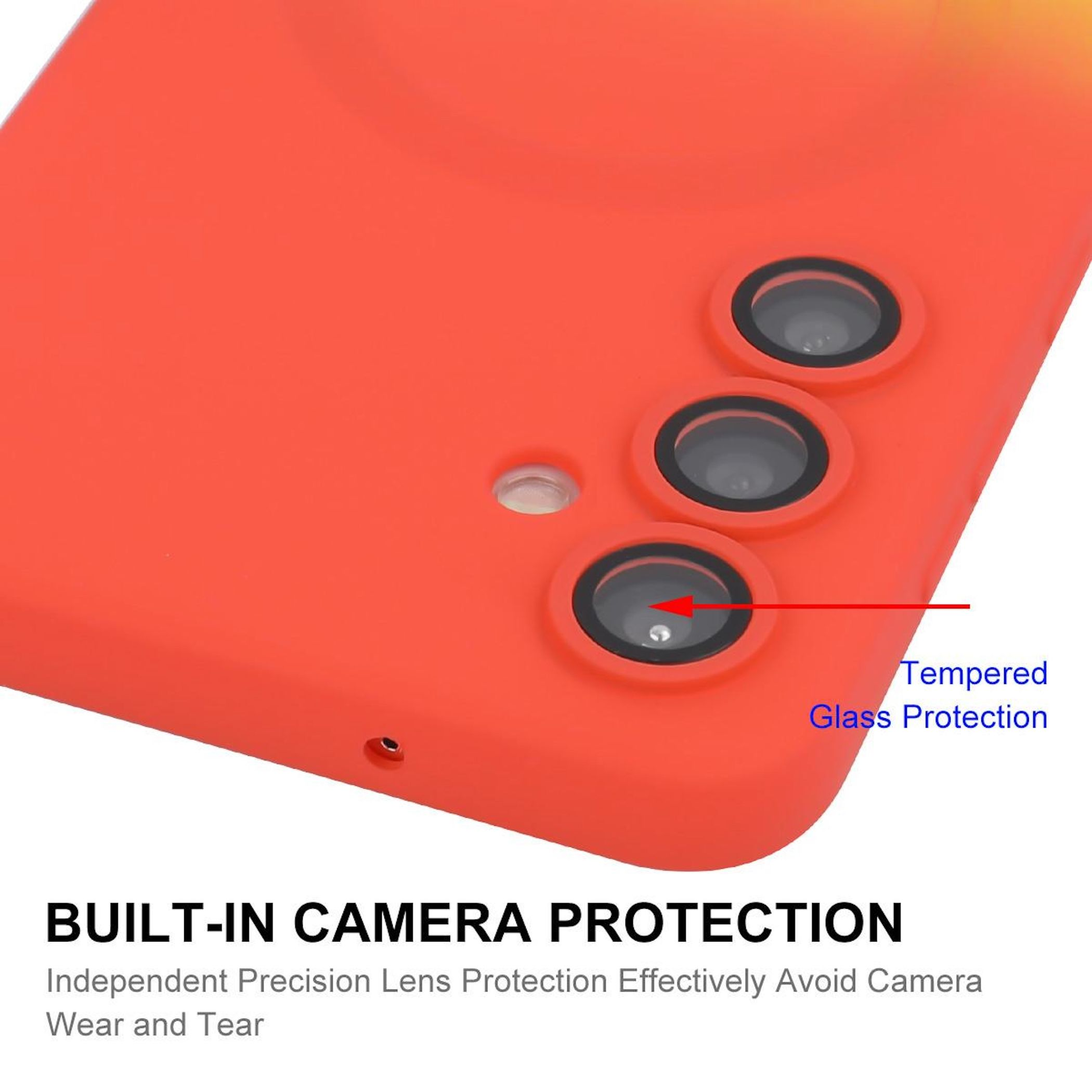 Rote Handyhülle mit drei Kameralinsen und "Tempered Glass Protection" Aufschrift.