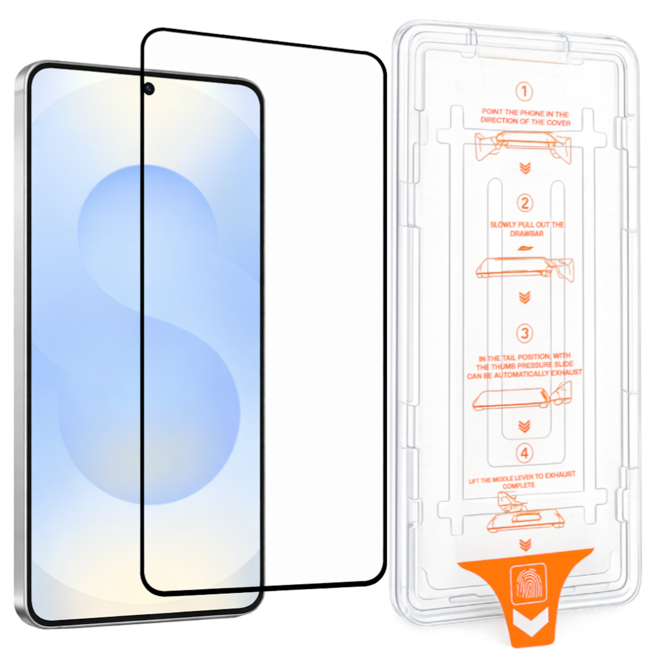 Ein Smartphone-Schutzglas und eine Installationsschale mit Anweisungen.