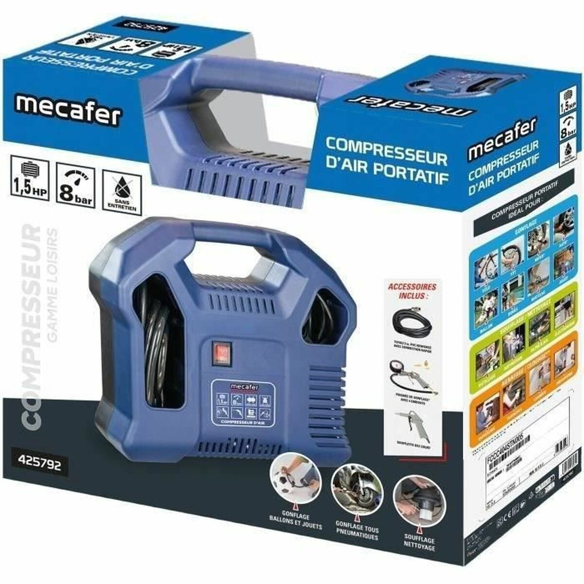 Compressore d'aria blu Mecafér portatile con accessori per pneumatici.