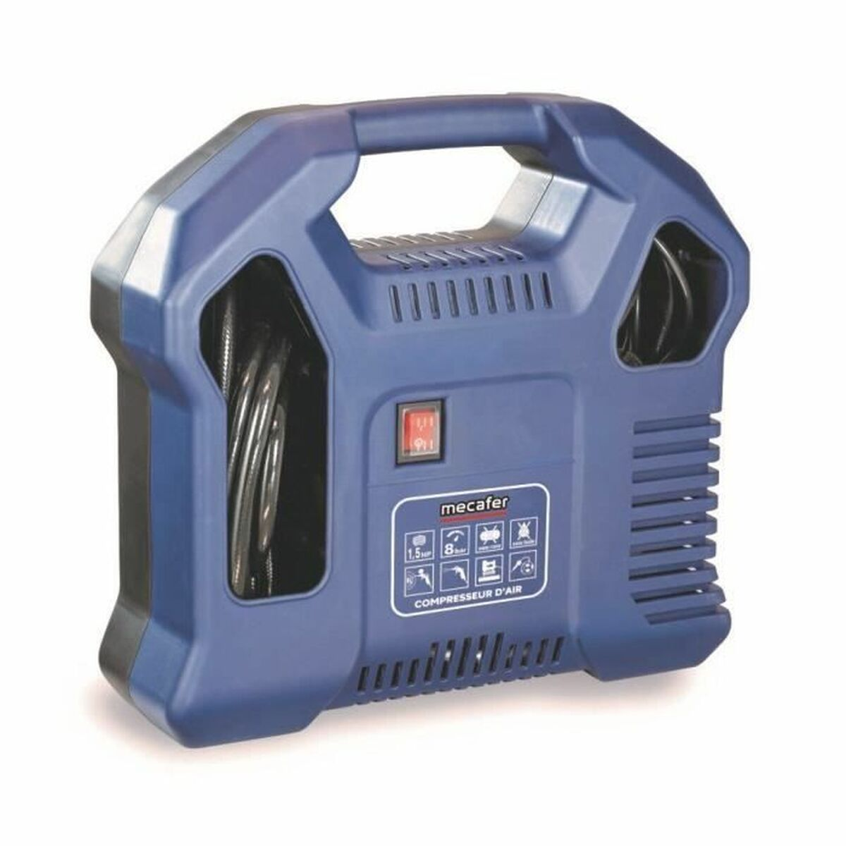 Un compressore d'aria portatile blu con manico e tubo.