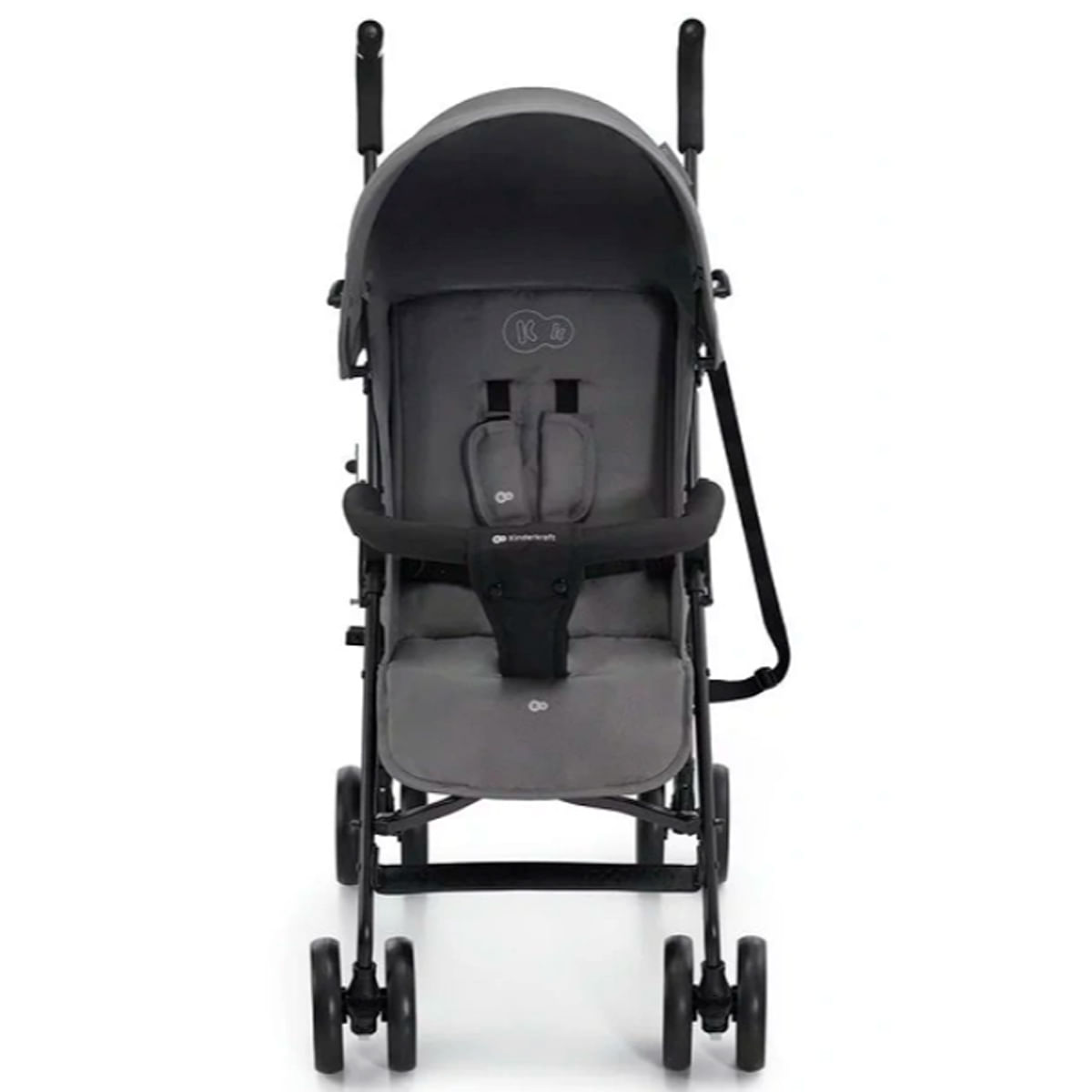 Grauer Kinderwagen mit Verdeck, Sicherheitsgurt und schwarzen Rädern.