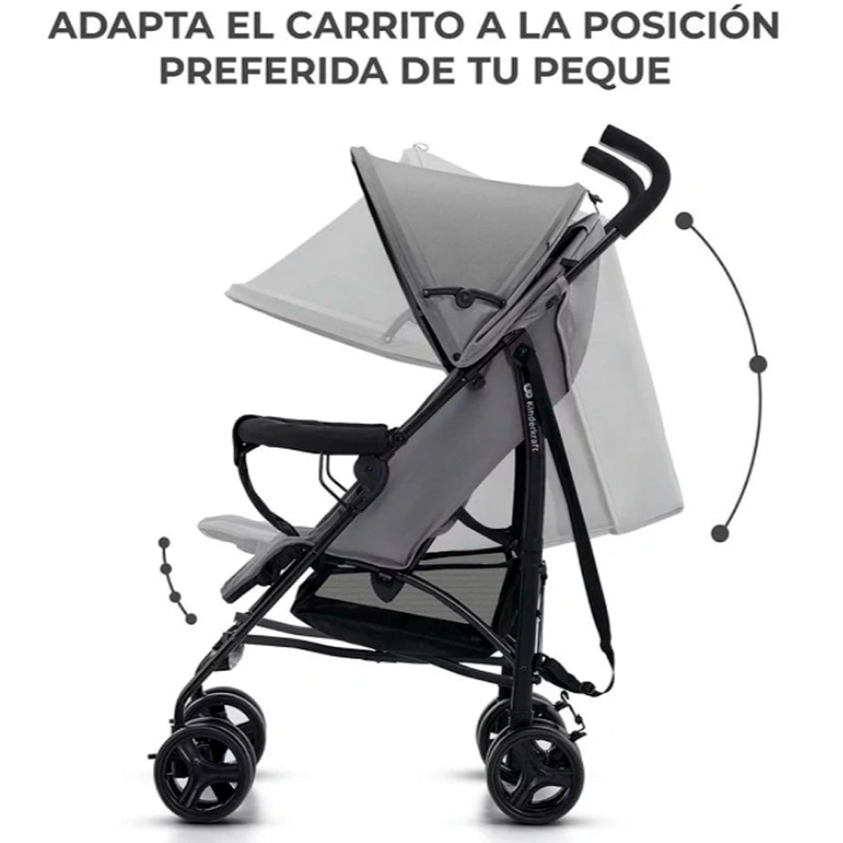 Grauer Kinderwagen mit verstellbarem Verdeck und Griff.