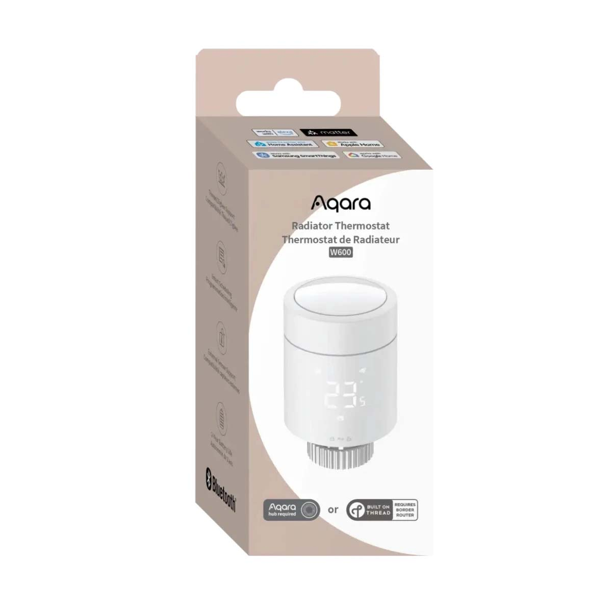 Aqara Heizkörperthermostat W600 Verpackung mit Produktbild und Merkmalen.