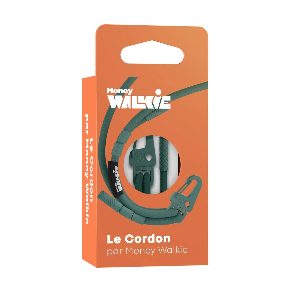 Grüne Schnur mit Clips auf einer orangen Verpackung mit dem Logo Money Walkie.
