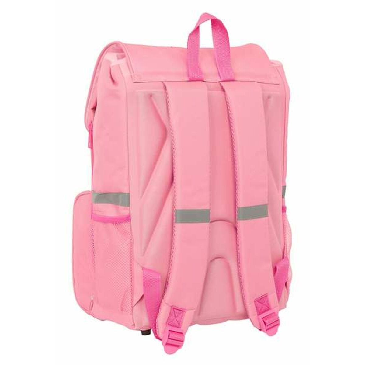 Ein rosafarbener Rucksack mit gepolsterten Trägern und Reflektoren.