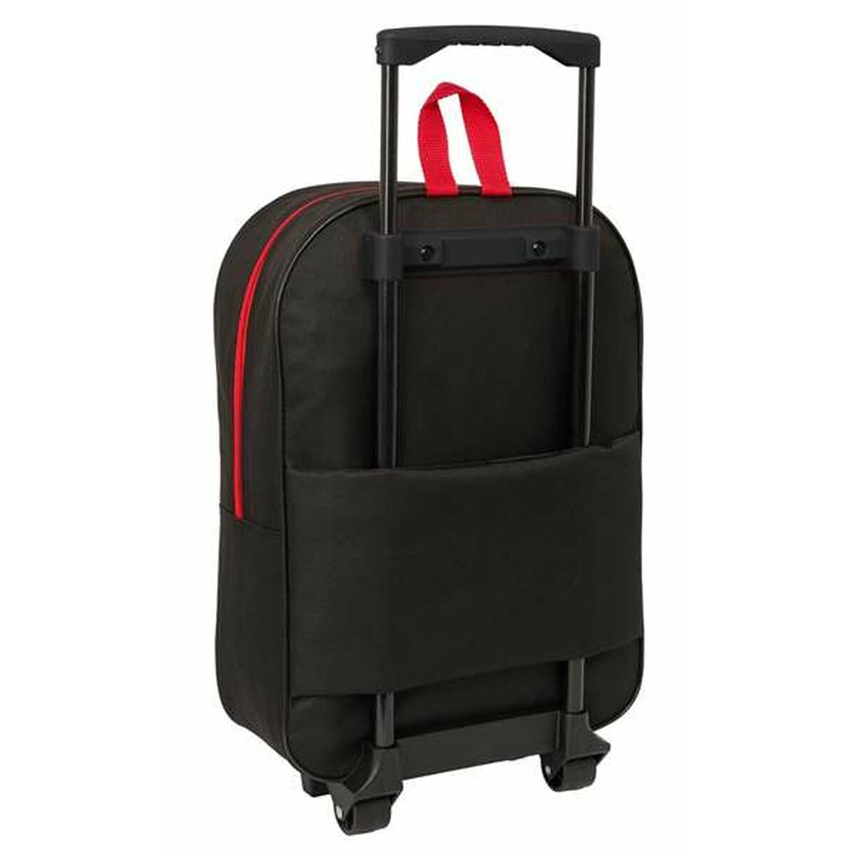 Schwarzer Rollkoffer mit roter Akzentuierung und ausziehbarem Griff.