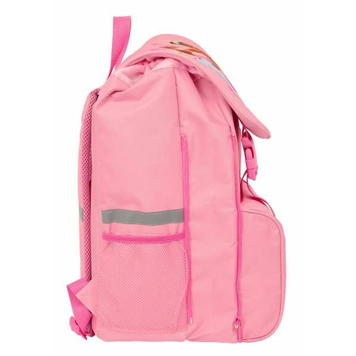 Ein pinker Rucksack mit Seitentaschen, Reflektoren und Schnallen.