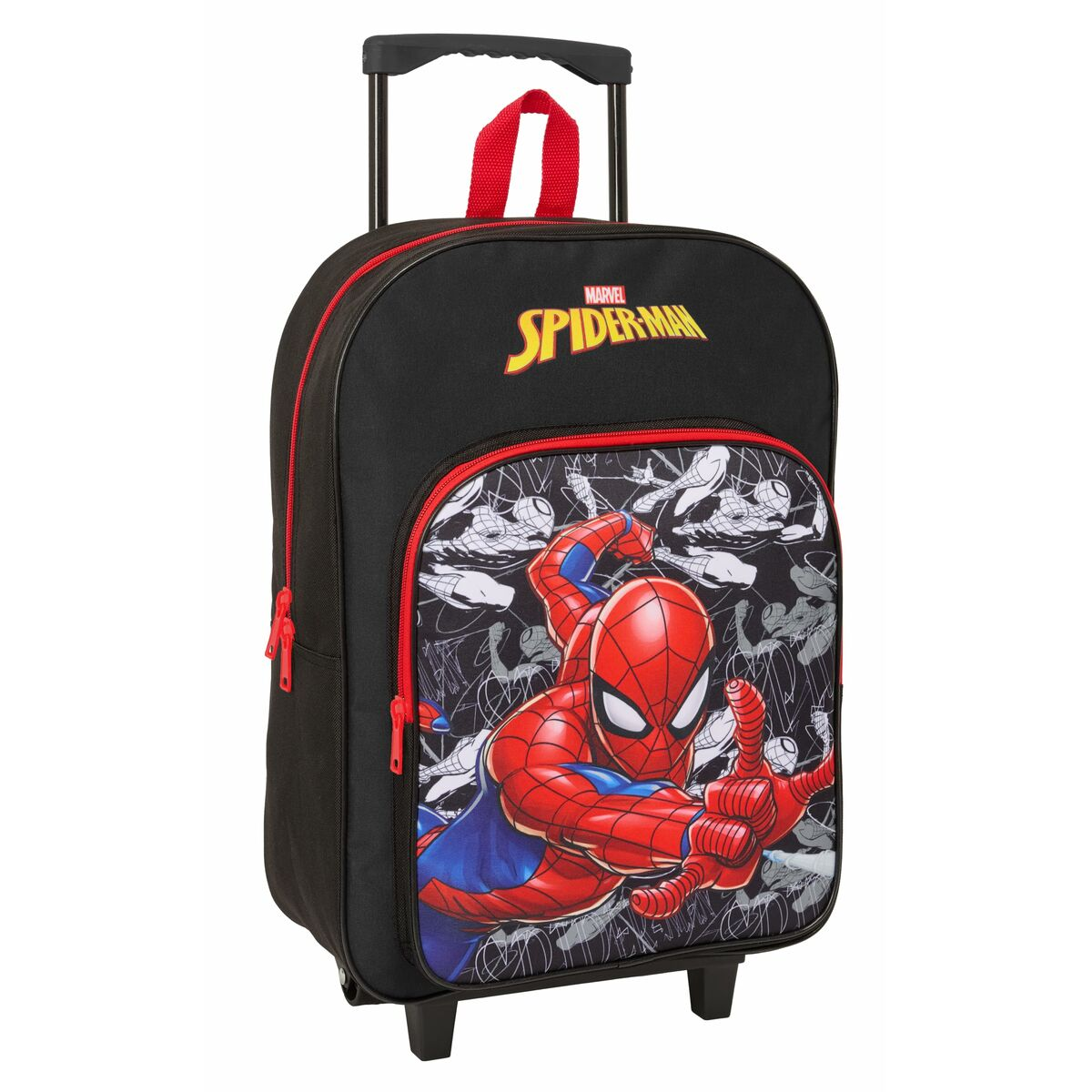 Schwarzer Rollkoffer mit Spiderman-Motiv und rotem Reißverschluss.