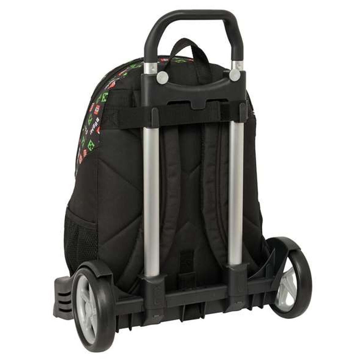 Schwarzer Rollkoffer-Rucksack mit buntem Muster, silbernem Griff und Rädern.