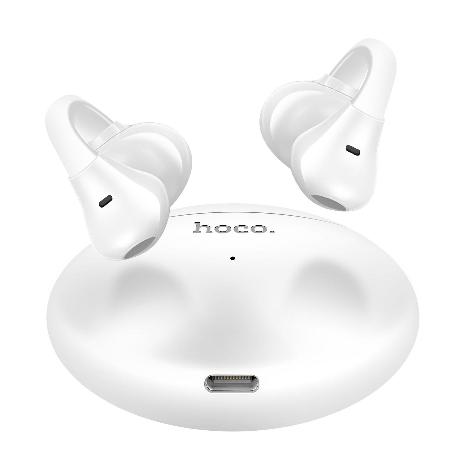 Weiße Kopfhörer mit Ladecase. Das Hoco-Logo ist auf dem Case.