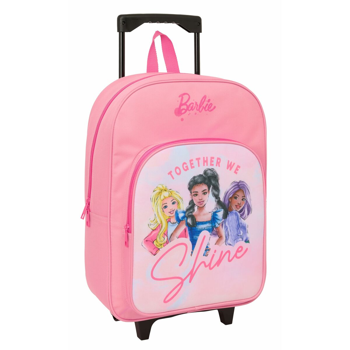 Rosa Barbie Rollkoffer mit drei Cartoon-Mädchen und dem Text „Together We Shine“.