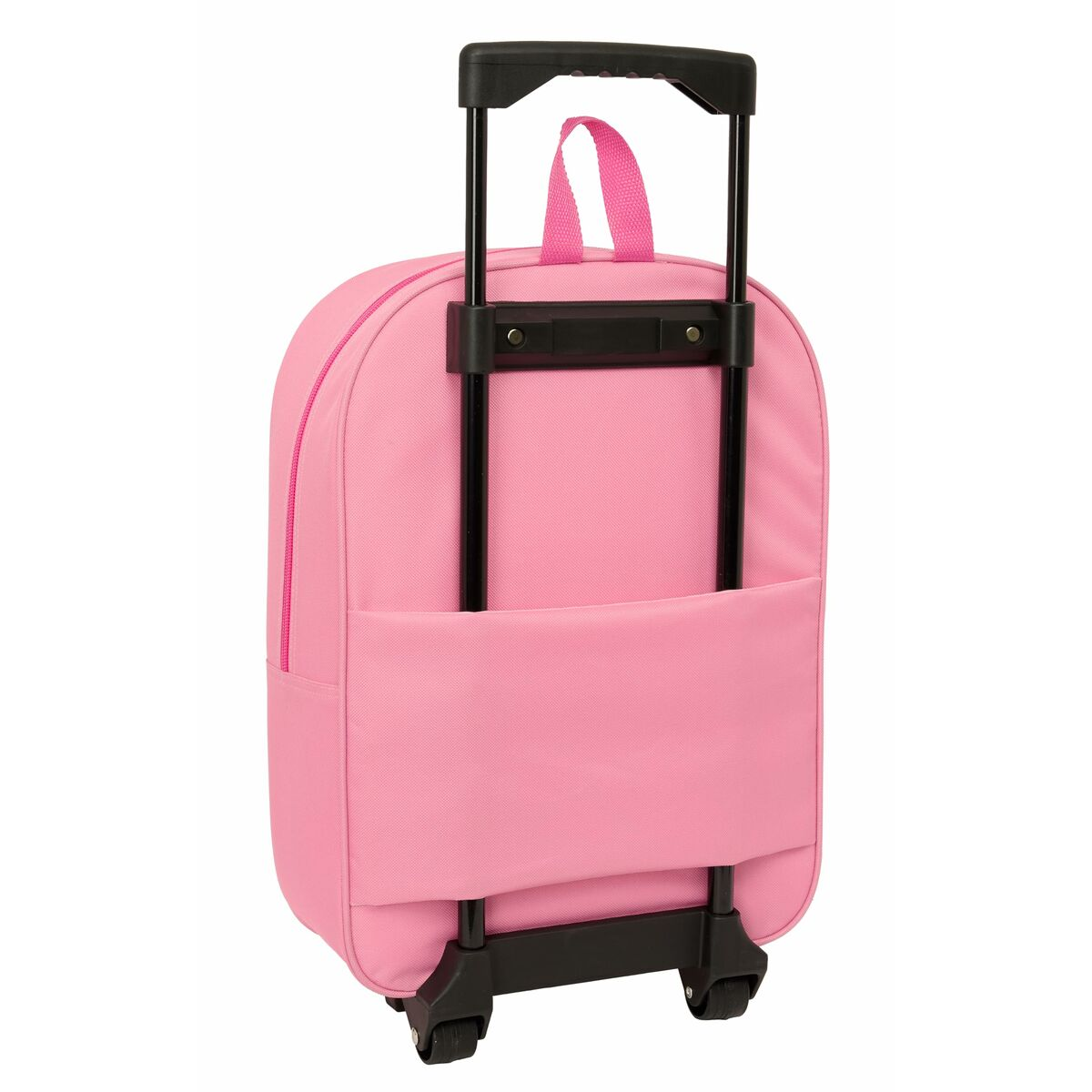 Ein rosa Rollkoffer mit ausziehbarem Griff und Tragegriff.