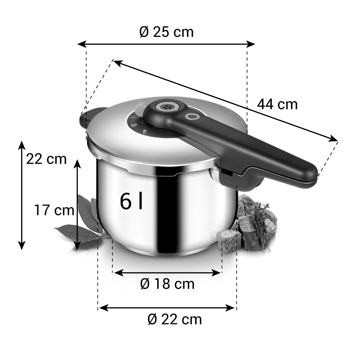 Ein 6-Liter-Schnellkochtopf mit Maßen und Griff.