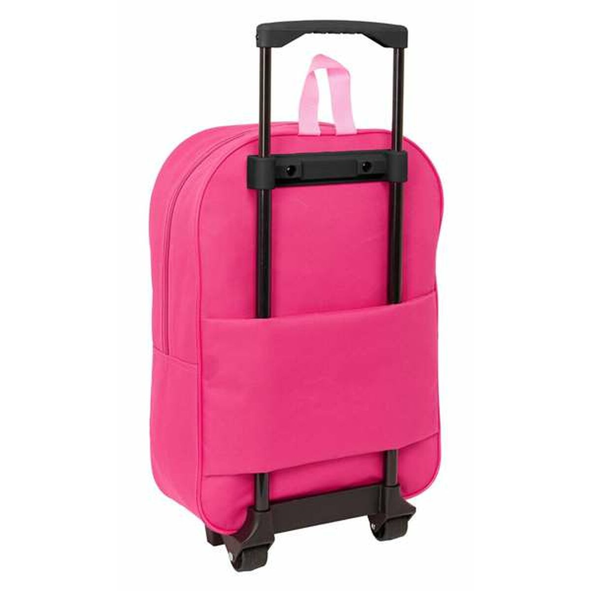 Ein pinker Rollkoffer mit schwarzem Griff und Rädern.