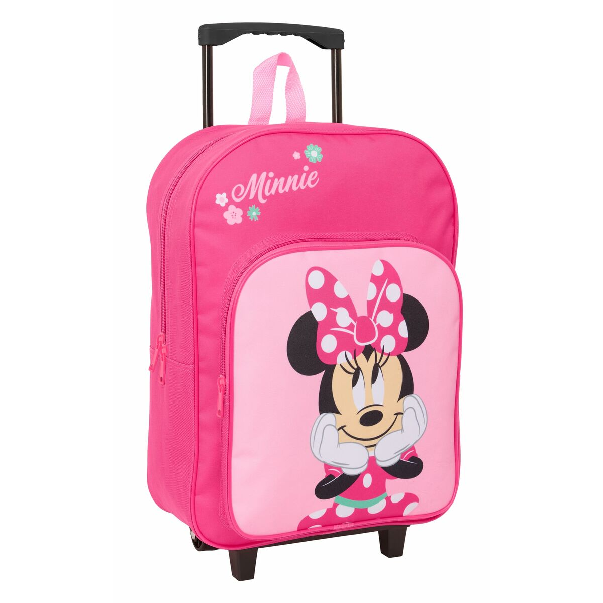 Ein rosa Rollkoffer mit Minnie Maus Aufdruck und ausziehbarem Griff.