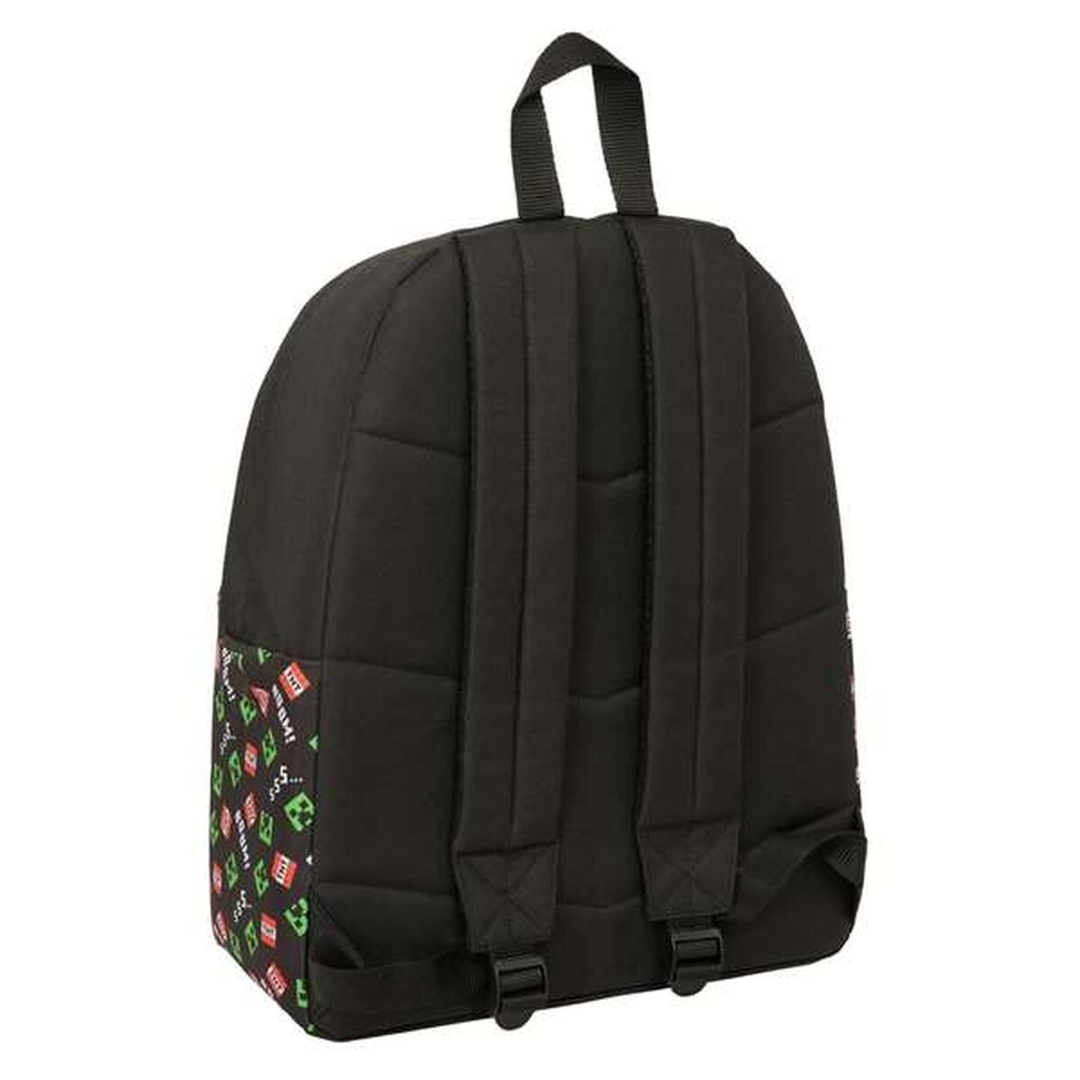 Zaino nero con stampa Minecraft sul lato, spallacci imbottiti.