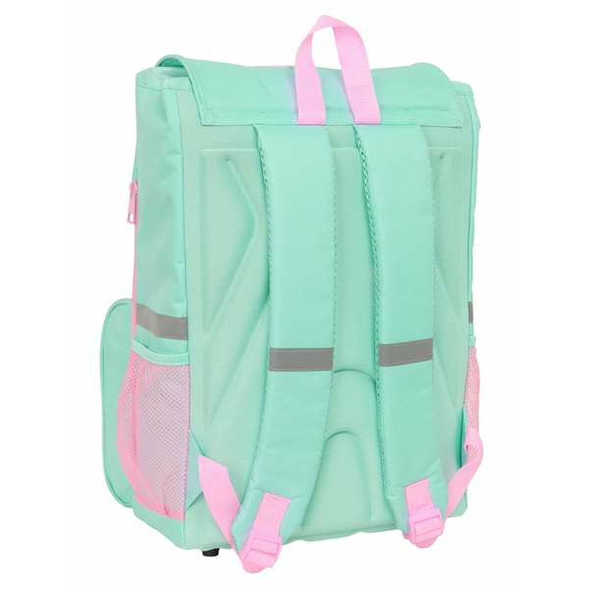 Ein mintgrüner Rucksack mit rosa Akzenten und reflektierenden Streifen.