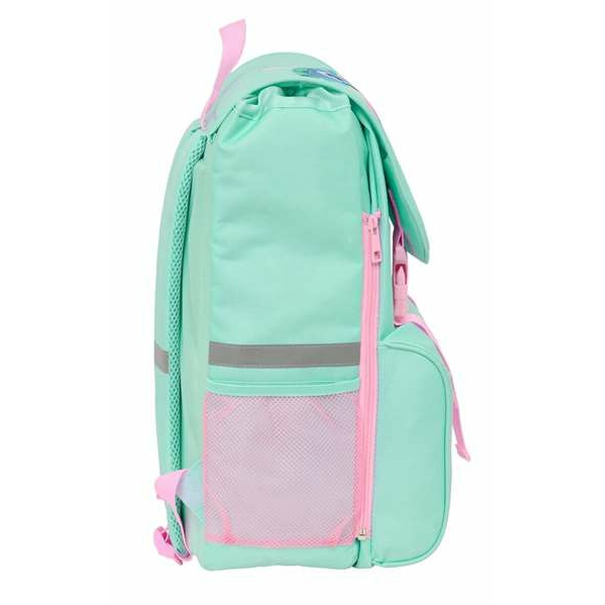Mintgrüner Rucksack mit rosa Reißverschlüssen, Taschen und Trägern.