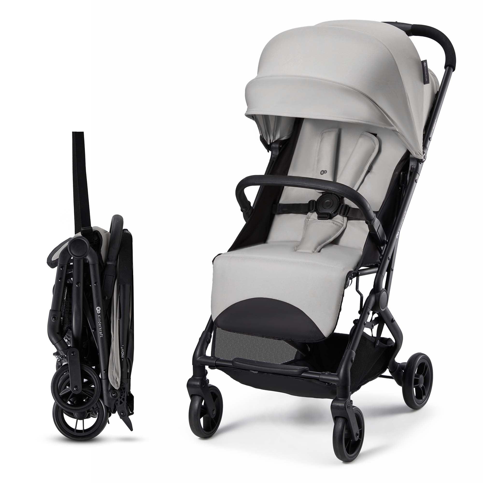 Ein leichter Kinderwagen in Grau und Schwarz, zusammengeklappt und aufrecht stehend.