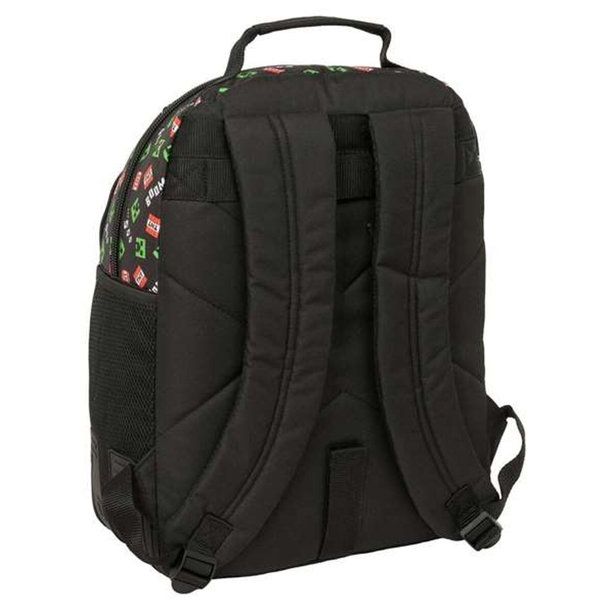 Ein schwarzer Rucksack mit einem Muster aus grünen und roten TNT-Symbolen.