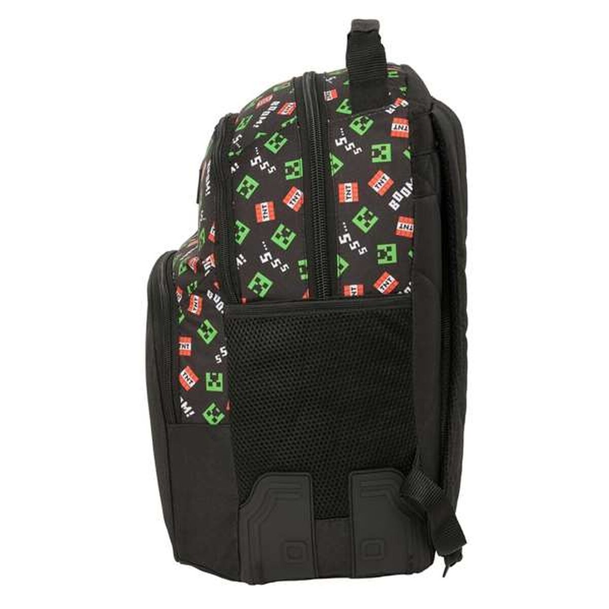 Schwarzer Rucksack mit Minecraft-Motiv: Creeper und TNT-Blöcke.
