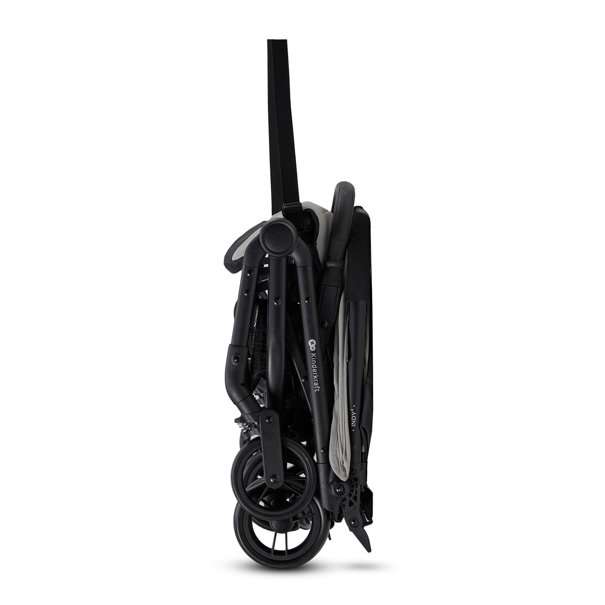 Kompakter, zusammengeklappter Kinderwagen in Schwarz und Grau, mit Rädern und Griff.