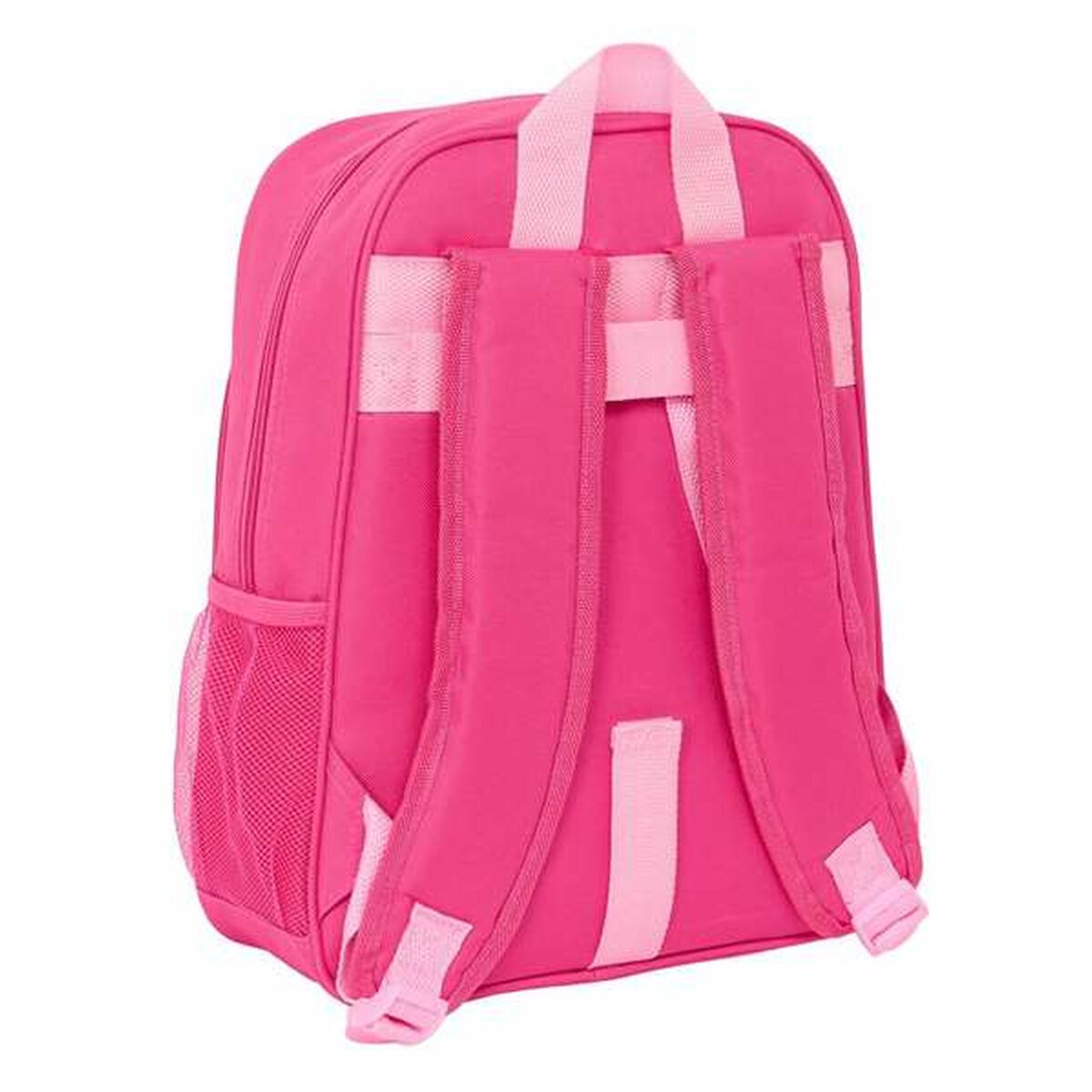 Ein pinker Rucksack mit zwei Schultergurten und Netzseitentaschen.
