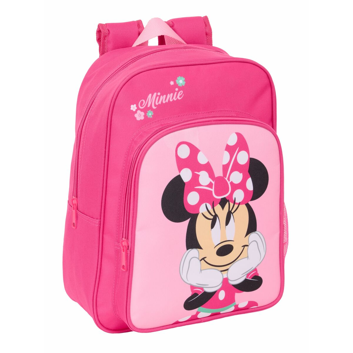 Ein rosa Rucksack mit Minnie Maus-Aufdruck und Blumen-Detail.