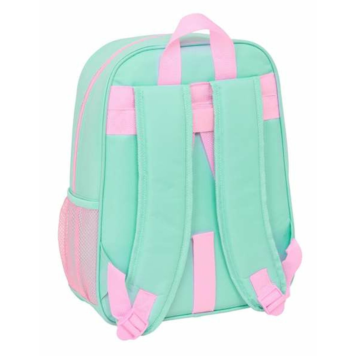 Ein mintgrüner Rucksack mit rosa Akzenten, Taschen und verstellbaren Trägern.
