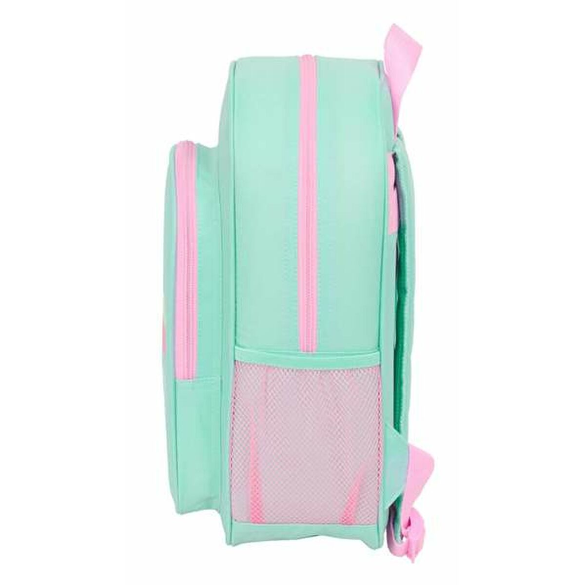 Ein mintgrüner Rucksack mit rosa Reißverschlüssen und Netzfächern.