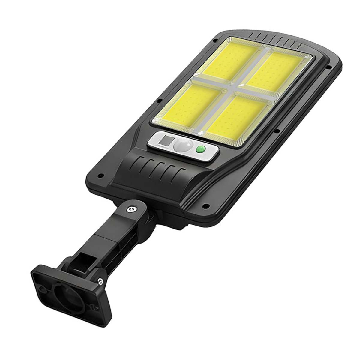Ein schwarzer Solarstrahler mit verstellbarem Arm und breiter Leuchtfläche.