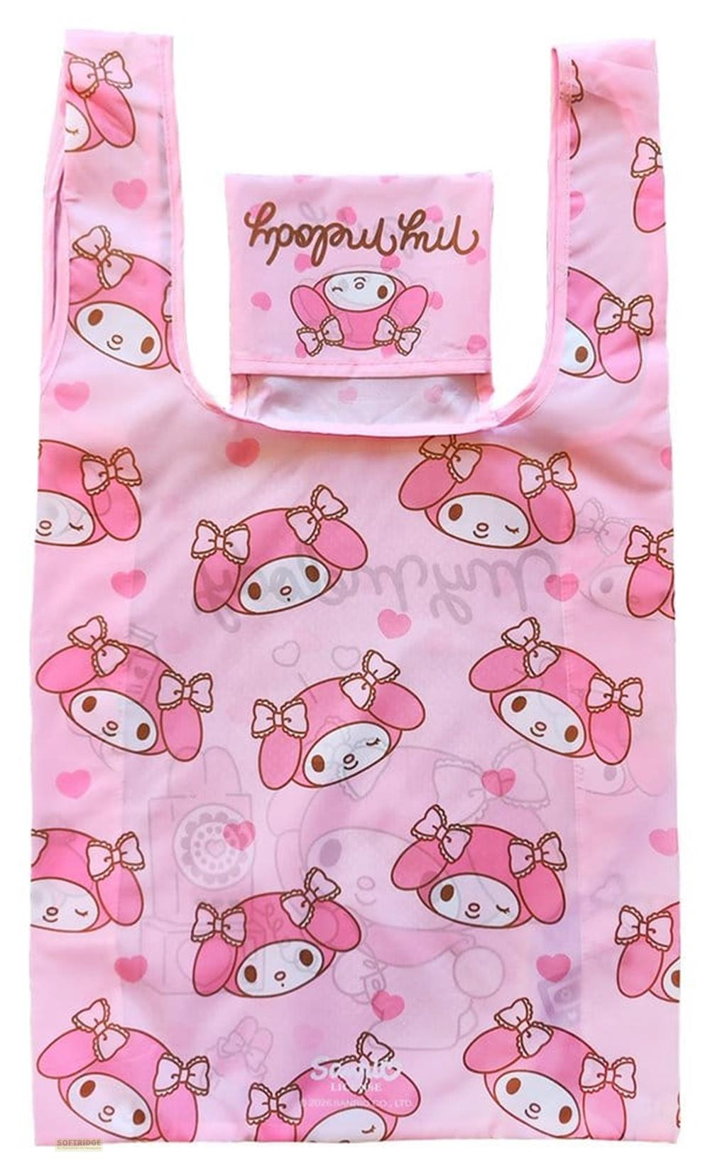 Ein rosa Stoffbeutel mit My Melody-Aufdruck und Schleifen.