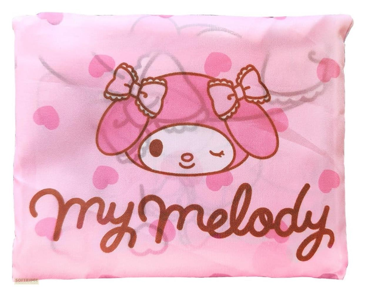 Ein rosa Stoff mit My Melody und Herzen, "my melody" Schriftzug.
