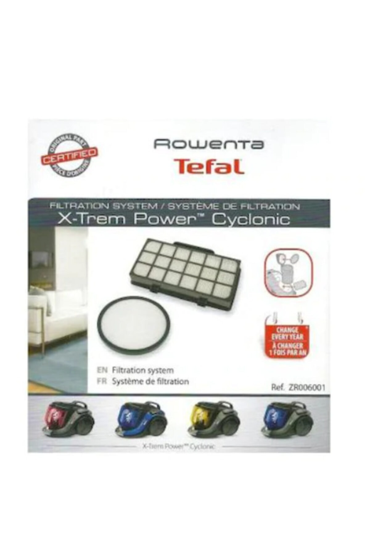 Rowenta Tefal X-Trem Power Cyclonic Filtre. Elektrikli süpürgeleri ve filtre parçalarını gösterir.