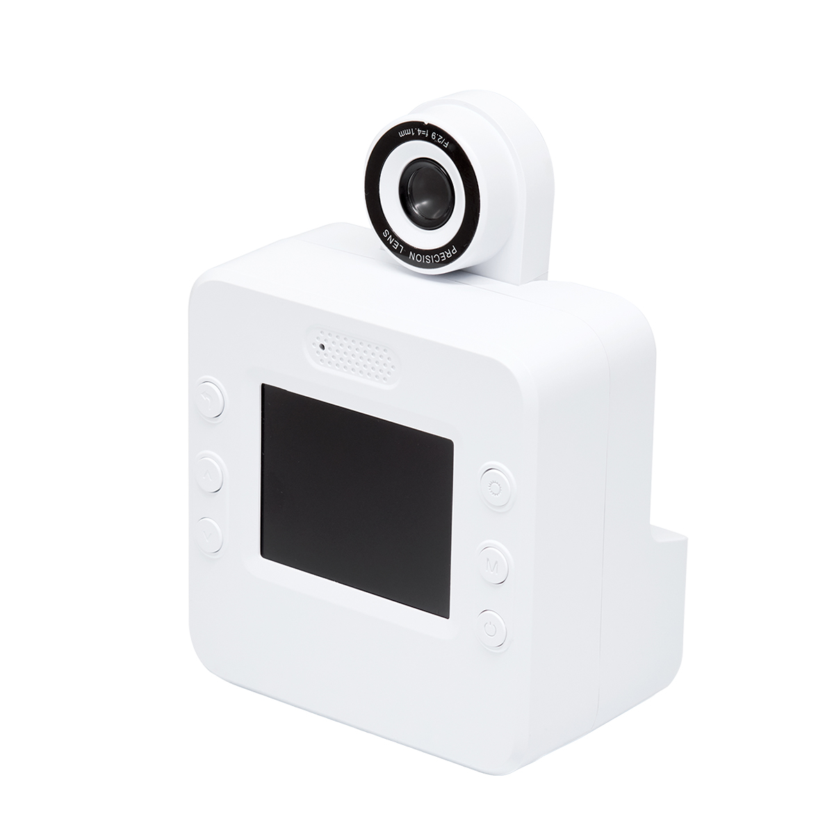 Ein weißer digitaler Fotoapparat mit einem drehbaren Objektiv und einem Bildschirm.