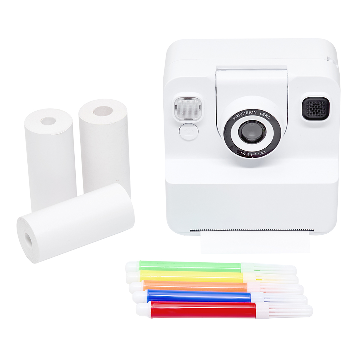 Ein weißer Drucker mit Papierrollen und Stiften in bunten Farben.